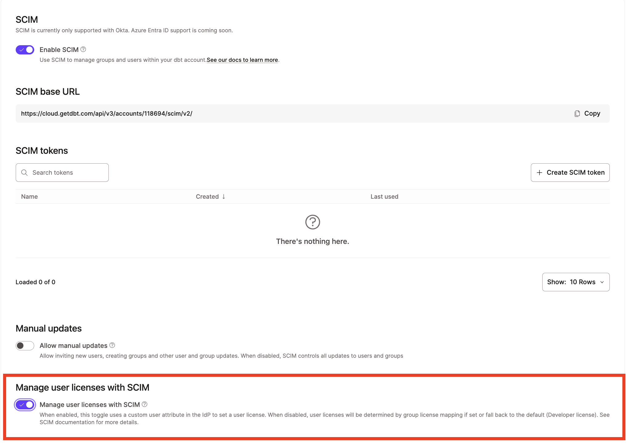 Enable SCIM managed user license distribution. Enable SCIM managed user license distribution.
