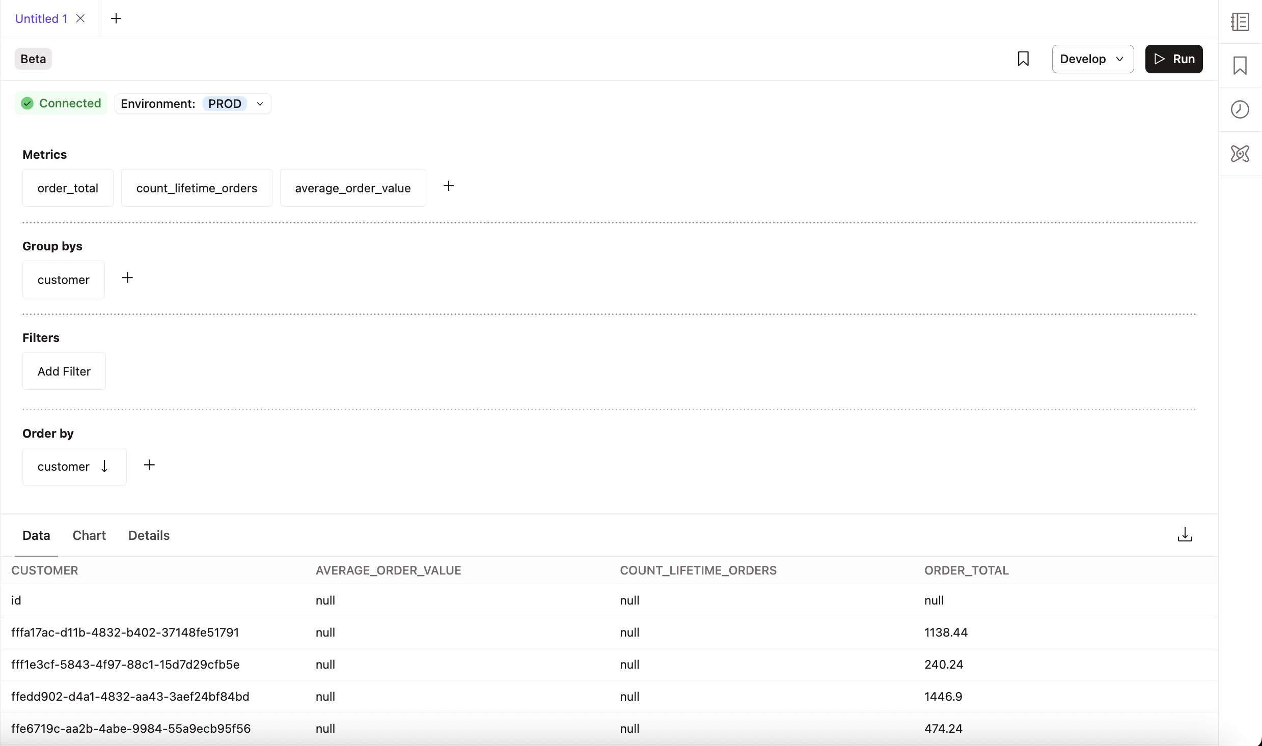 Results are displayed in the Data tab